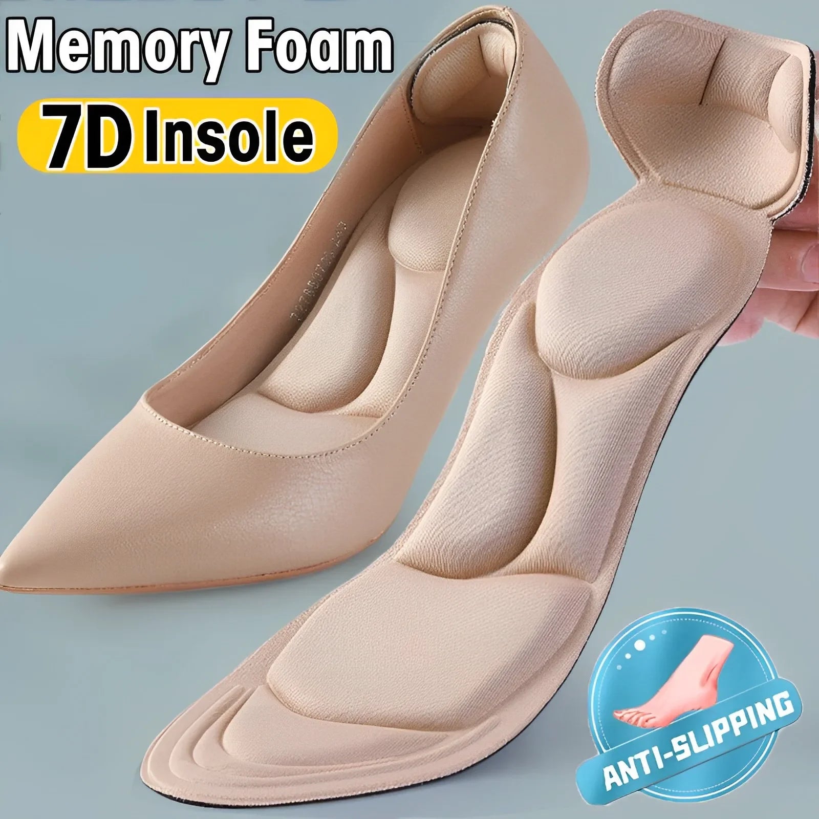 7D Soft Memory Foam Insole Pad Inserts Heel Post Back Breathable Anti-Slip for Women High Heel Shoe Shoe Arch Support Insoles